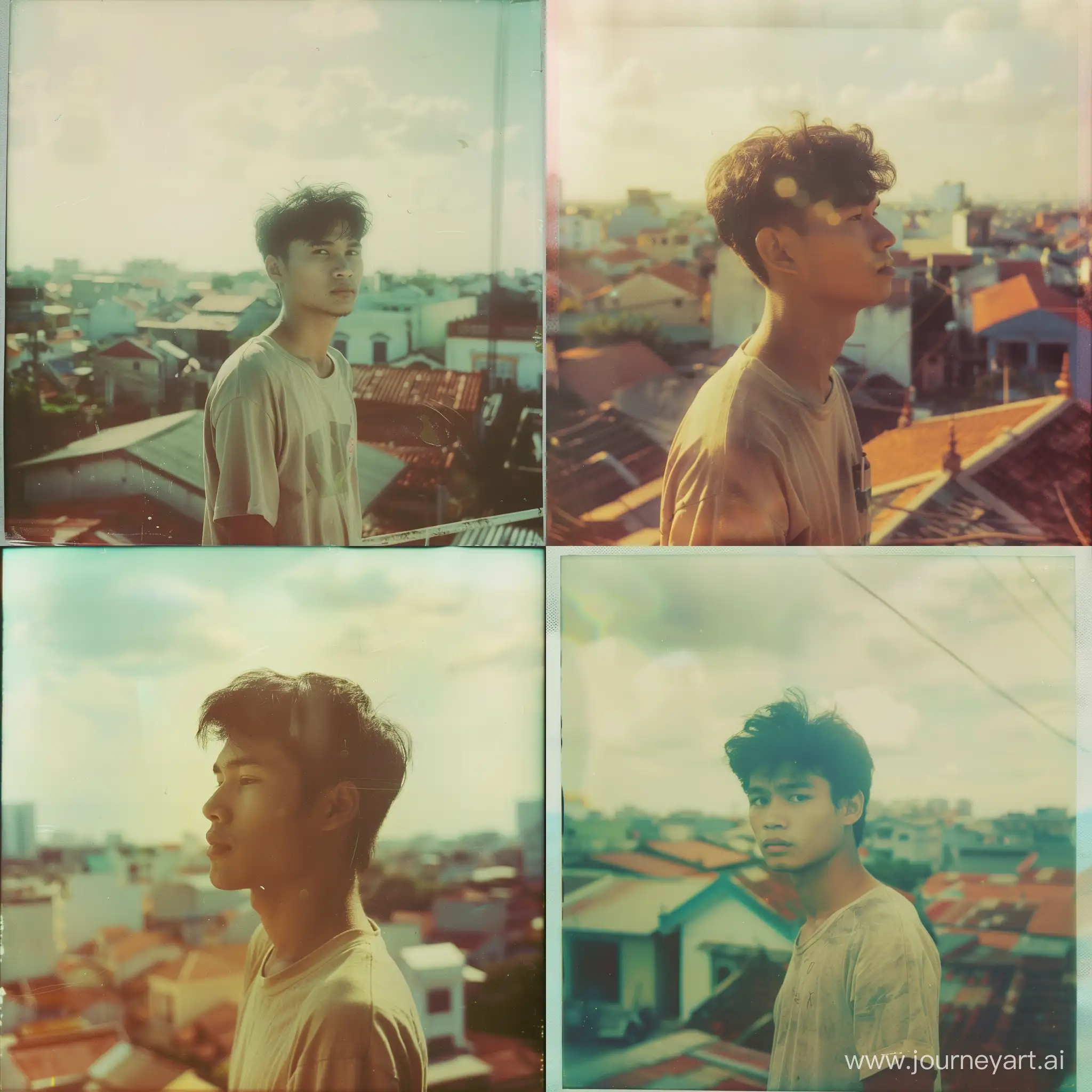 vintage polaroid/film photo of a  young man against little  town at sunny day in  Ho Chi Minh city 1992, polaroid 600 film, depth of field, soft and dreamy tones.

