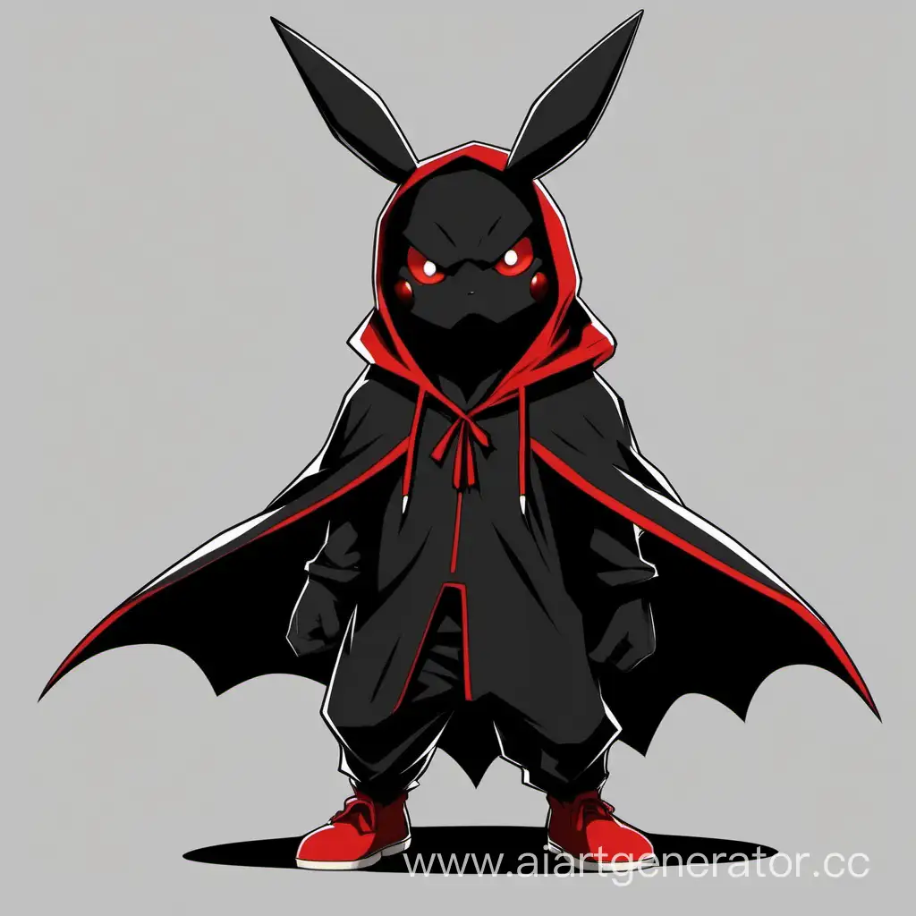 Чёрный Демон Пикачу с чёрными ушками и красными рогами и одетый в чёрный плащик с капюшоном. Смотрит на смотрящего. Чёрное тело
