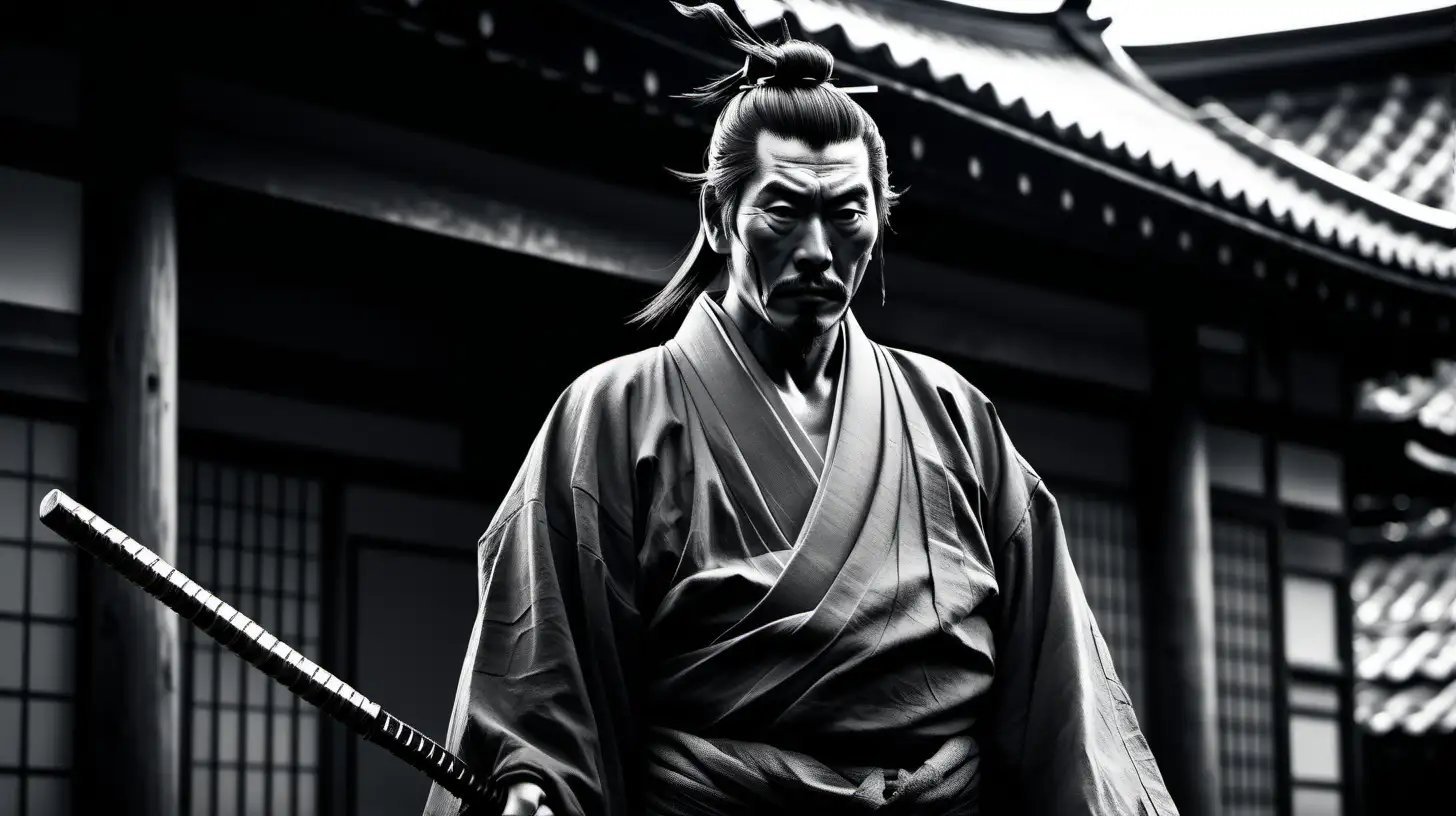 A dark landscape image of an ancient Japanese society deeply connected to stoicism, black and white, ancient Japanese architecture, including a stereotypical strong Japanese man, Miyamoto Musashi --ar 16:9 --style G4JuqKlERum6vZGYhO9USsL