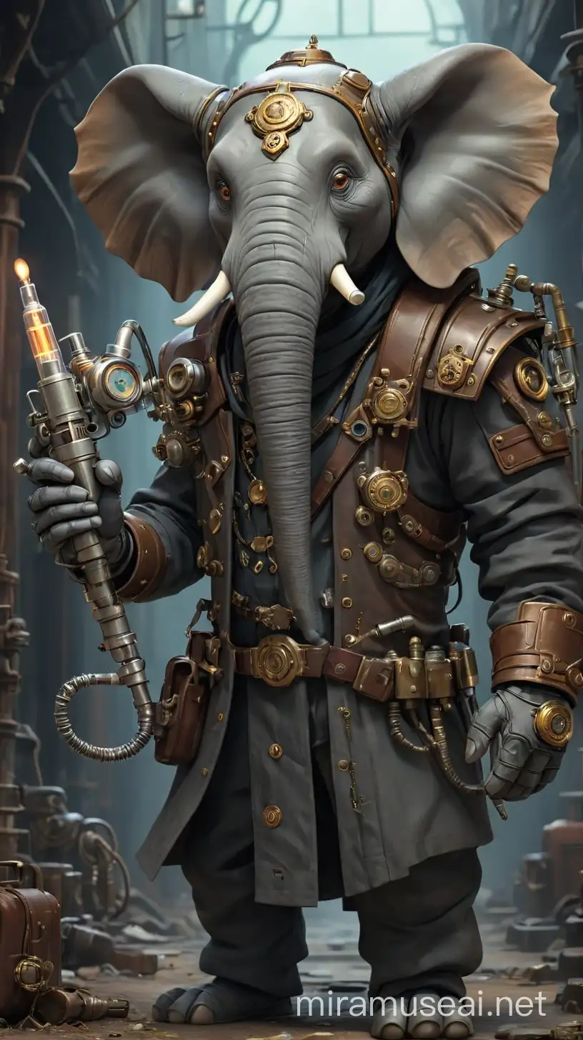 robotic elephant humanoid doctor dystopian, with a raygun that seems a syringe, in steampunk style
