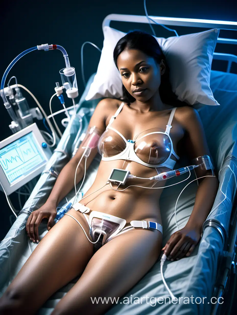 Adult woman lying in a futuristic medical bed. A catheter tube is inserted into her bladder. The catheter drains her urine through a clear tube between her legs into a nearby container. Her heart is being monitored with electrocardiogram electrodes attached around her chest, connected to wires. She is wearing a transparent bra. Medical devices monitor her vital signs and breathing.