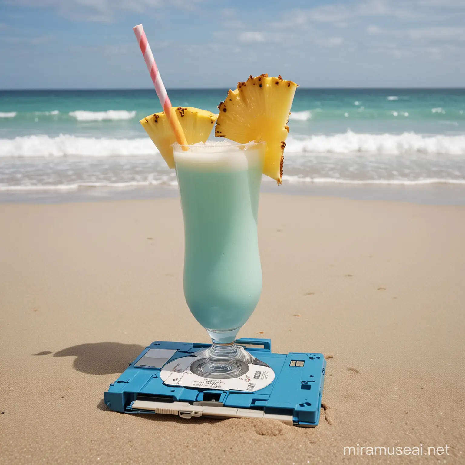 A Blue Floppy Disk on a beach drinking a Pina Colada and thinking about making it rich. He is surrounded by hot beach babes. 