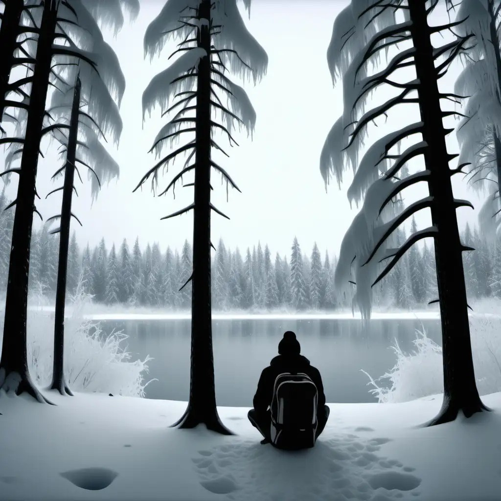 create hype snow covered forest, iced lake in the middle, snow is falling, huge trees with snow, silhouette of a guy with beanie and backpack sitting up against a tree, 1080p resolution, high definition, ultra 4K