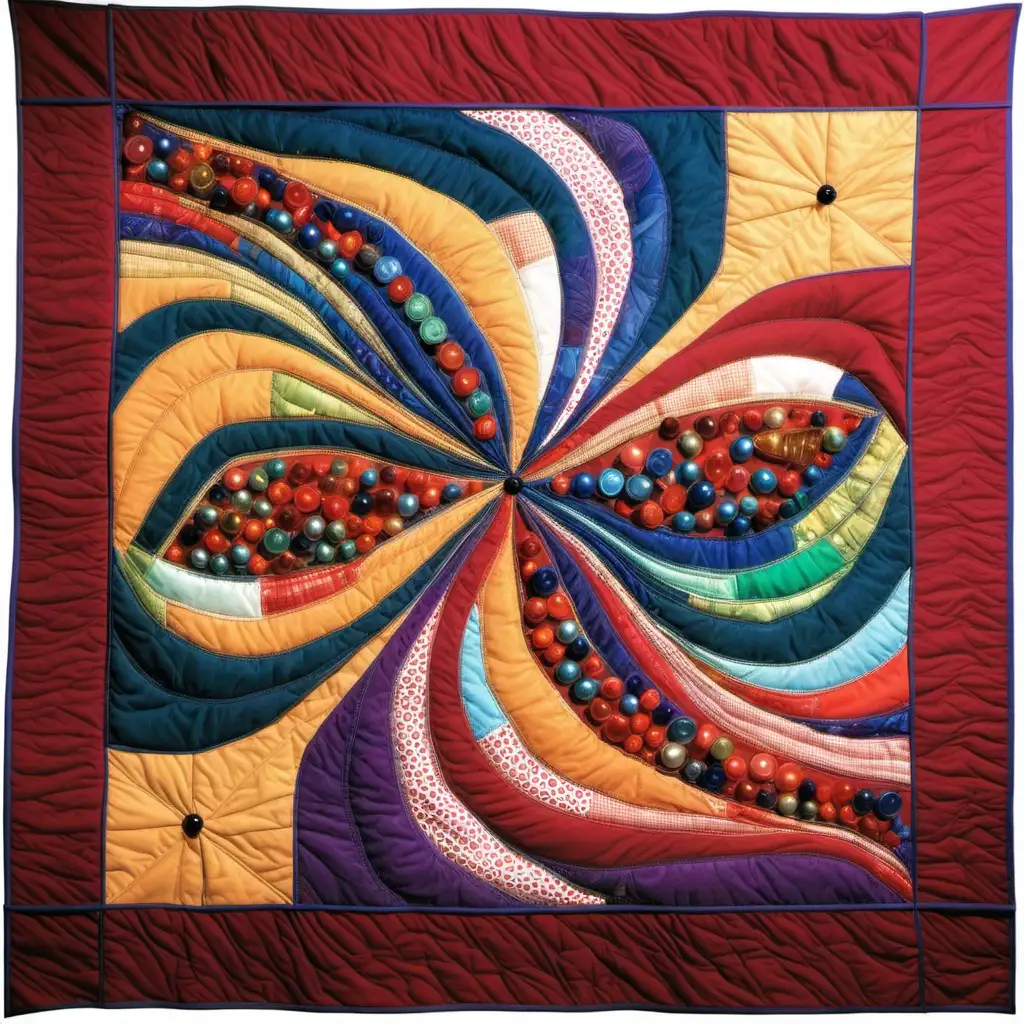 create an asymmetrical quilt design to create with recycled fabric and glass beads in many colors.