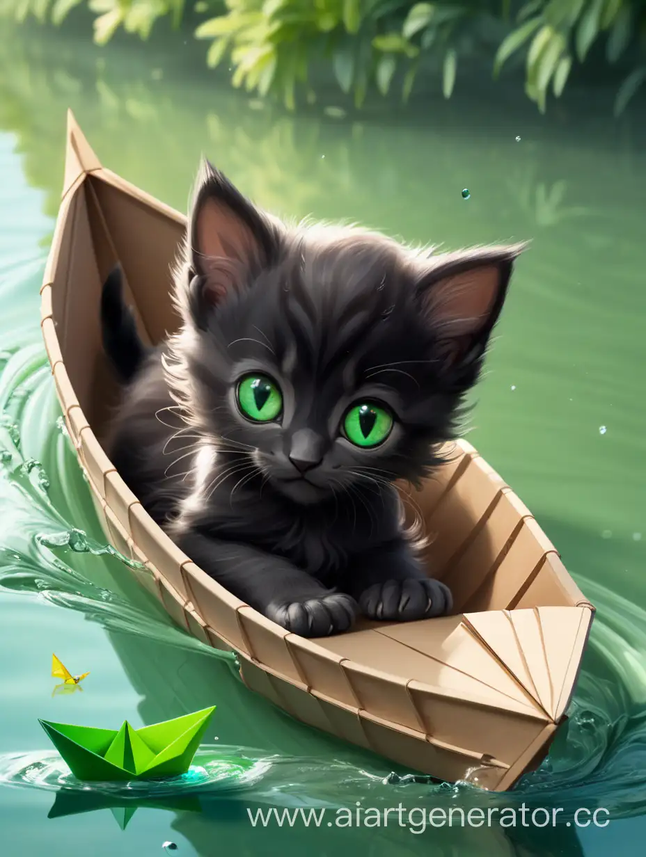 Маленький чёрный зеленоглазый котёнок плывёт на бумажной лодочке по реке