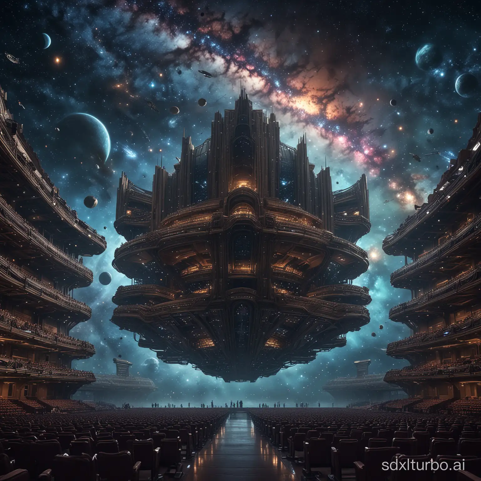 A sci-fi scene featuring a large opera house surrounded by galaxies and stars, adding depth to the setting with fantastical elements. High resolution.