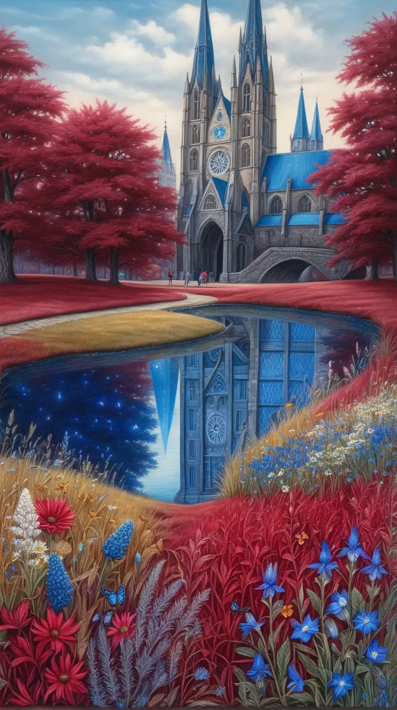  tonal colors, detailed, gothic city, bohemian, magic, ruby red, sapphire blue, goldsworthy art, wildflowers, friends, park, pets