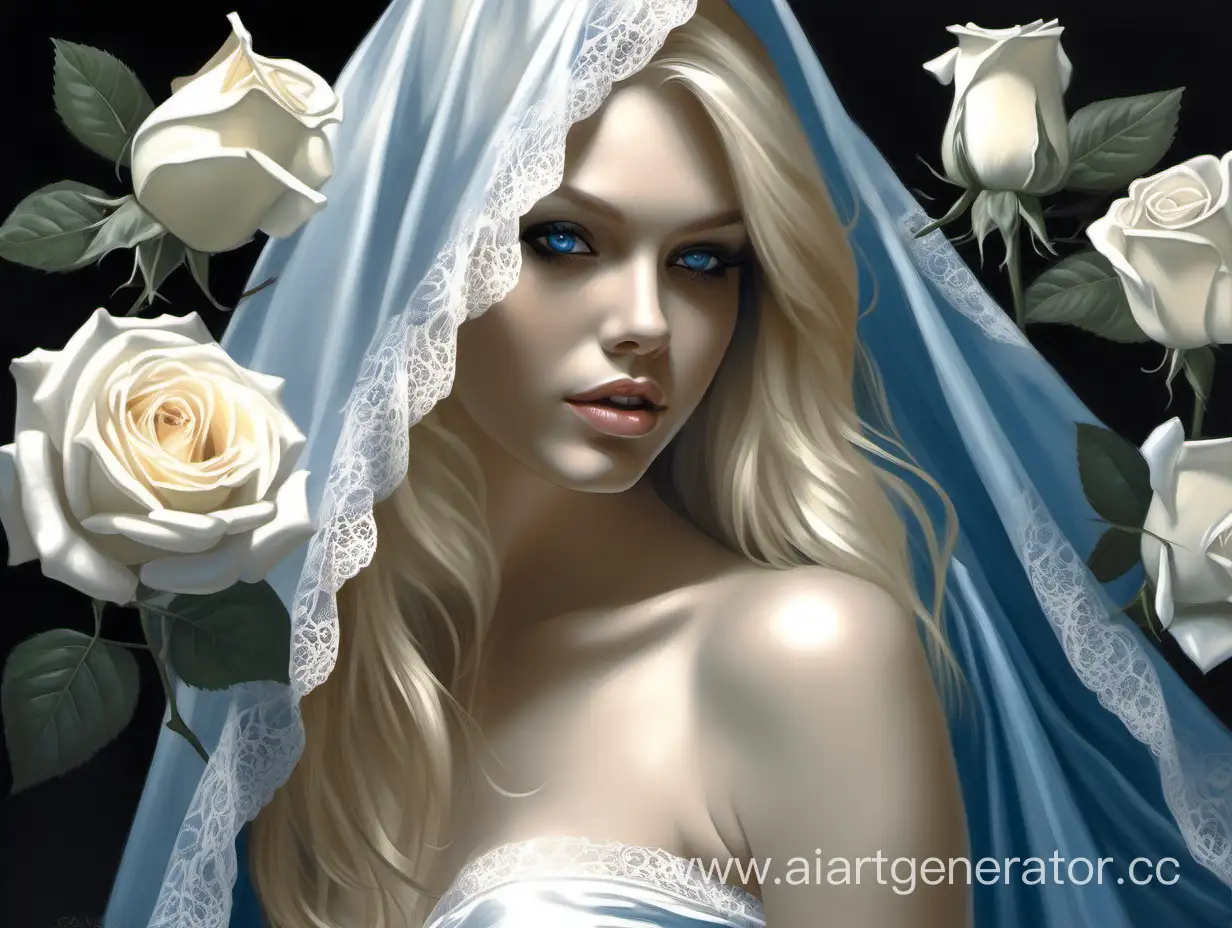 Девушка в фате, нижнем белье, длинные волосы, блондинка,голубоглазая белые розы, красота, высокая детализация, реалистичность, 