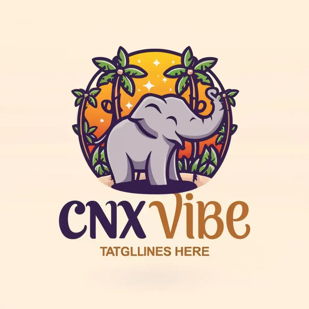 a logo design, with the text CNX VIBE, main symbol: cute happy baby elephant, moderate, be used in travel industry, clear background, Modern font, jungle theme, mountain forest background, Thailand, Chiang Mai, Doi Suthep