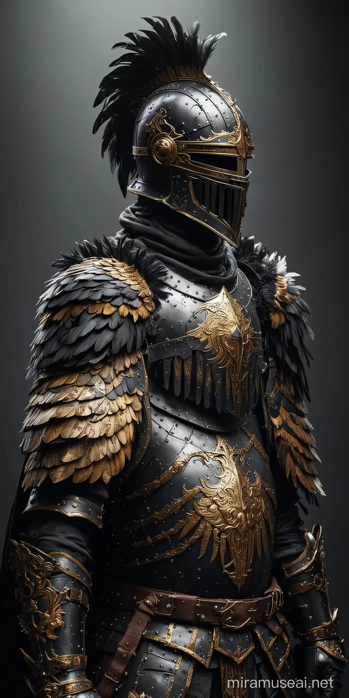 knight. the armor covers the entire body and has feathers is certain places for cold protection. Armor for a loyal knight who protects the king. The armor has gold trims and black paint. Bunch of feathers behind the helmet like a cape. the knight is facing forward toward the camera