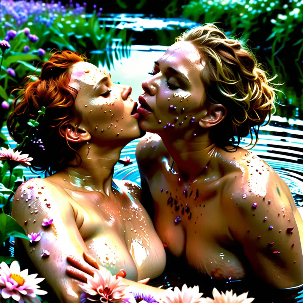 Intimate Moment Scarlett Johansson Kissing Jennifer Lawrence on Flower Bed