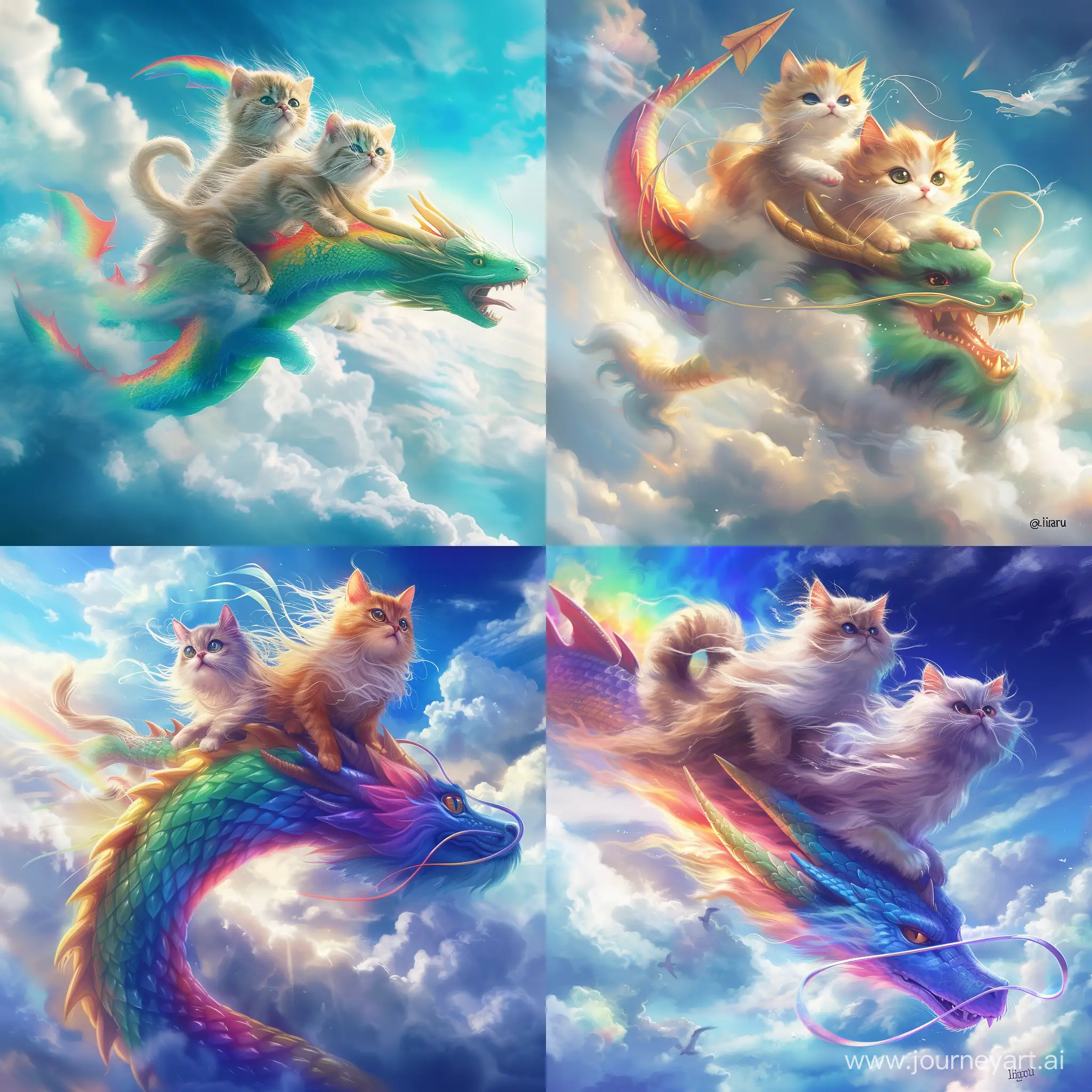 ‼️‼️ (сериал коты 79 серия) полет на драконе)...   Два  кота верхом на спине радужного дракона летят через облака , сильный ветер, шерсть у котов растрепана, фотореализм,  эмоции, фотореалистично, профессиональное фото, 32k, высокое разрешение, высокая детализация, ISO 200, яркое освещение, f/16, 1/300s @liaru