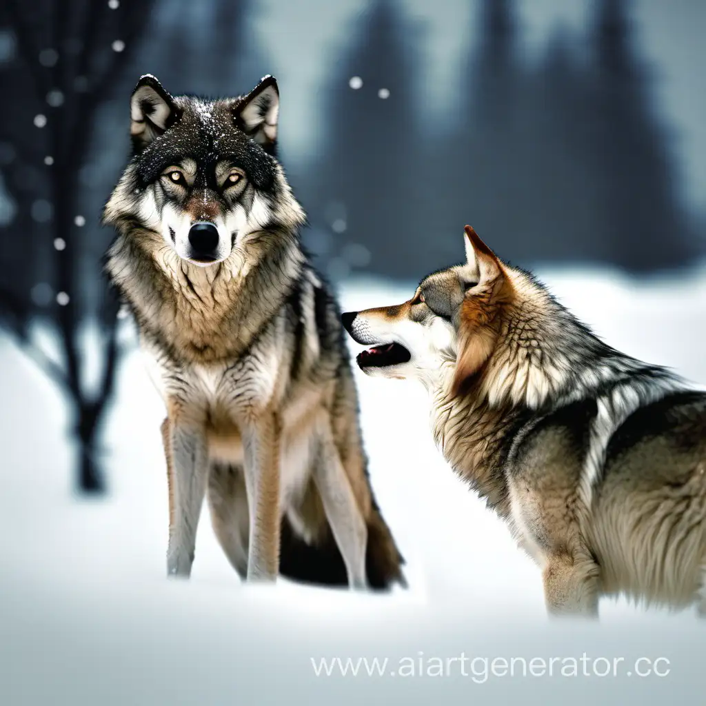 Snowy-Encounter-Male-and-Female-Wolves-Gaze-Intently