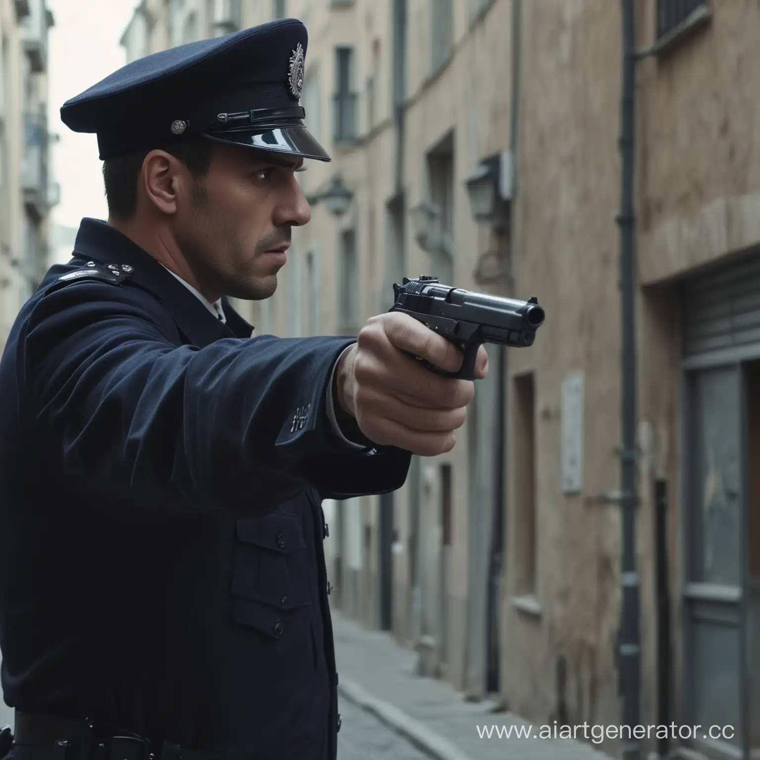 полицейский наставил пистолет на преступника, средняя крупность, кадр из фильма, 4к