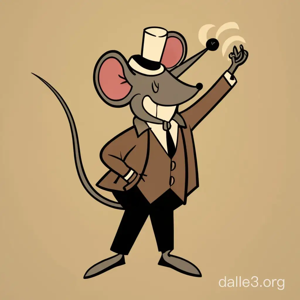 Imagine a charming mouse character designed in the distinctive and lively animation style of the Fleischer Brothers, known for their fluid motion, expressive characters, and whimsical, often surreal storytelling. This mouse, a plucky and endearing protagonist, embodies the vintage charm and imaginative flair of early American animation, with exaggerated features and movements that bring a sense of dynamic energy and personality to the character.  The mouse stands upright, clad in an ensemble that harks back to the 1930s: perhaps a dapper little suit or a flapper-style dress, complete with period-appropriate accessories like a bow tie, suspenders, or a cloche hat, adding a touch of whimsy and historical charm. Its large, round eyes sparkle with curiosity and mischief, framed by long, fluttering eyelashes or expressive eyebrows that convey a wide range of emotions, from joyous excitement to comical surprise.  This character's fur is rendered in soft, monochrome tones, reminiscent of the black-and-white film era, with careful shading to give depth and volume, making it appear both cuddly and lively. Its ears are oversized, flopping comically with every movement, and its tail is long and expressive, acting as a versatile tool for comedy—used for everything from a propeller to convey surprise, to a makeshift instrument in moments of joy.