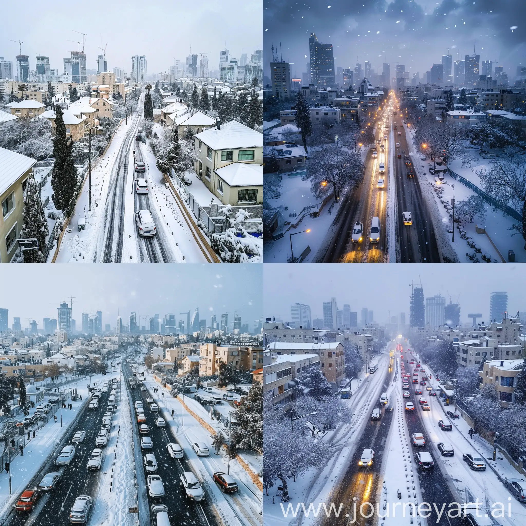 Город Тель Авив засыпало снегом, дороги покрыты льдом, идет снегопад, машины стоят в пробках, дома заледенели
