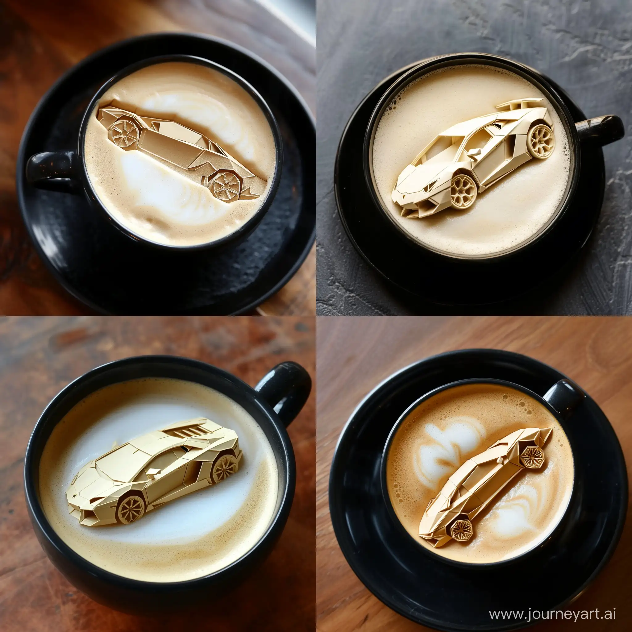 A cup of strong coffee, black cup, with a layer of delicate milk foam in shape of beautiful Modern Lamborghini car on it, abstract photography, origami style --v 6.0