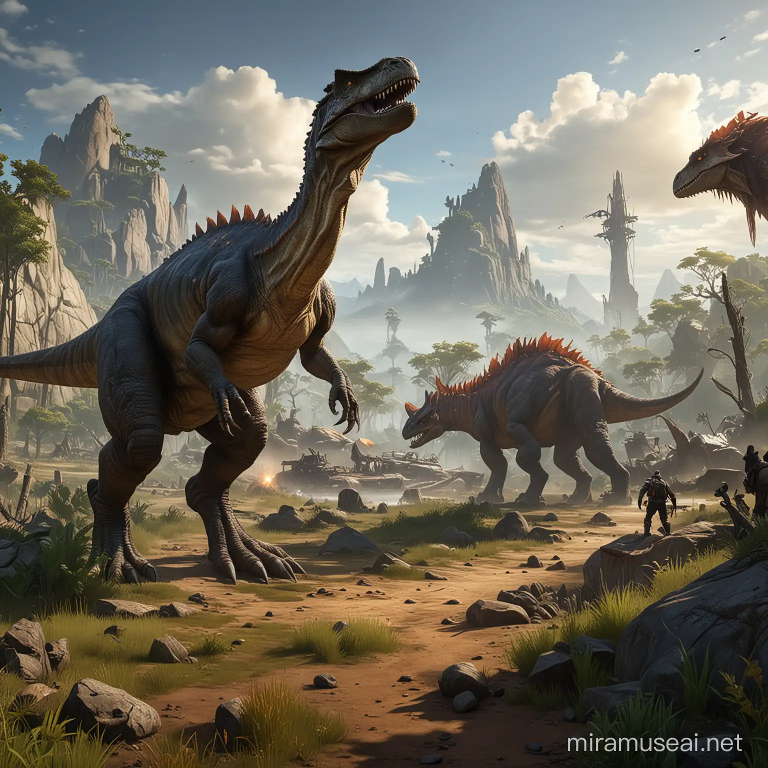 Create an image that combines elements from the games 'ARK: Survival Evolved', 'DayZ', and 'World of Warcraft'. Imagine a scene where the prehistoric world of ARK, with its dinosaurs and wild landscapes, merges with the post-apocalyptic survival environment of DayZ. Add to this the fantastical and mythical elements of World of Warcraft. The image should showcase a dynamic and unique blend of these three worlds. There might be a character in survival gear, reminiscent of DayZ, riding a dinosaur from ARK, in a landscape that has elements of the magical and mystical environments found in World of Warcraft. The scene should be a seamless integration of the survival, prehistoric, and fantasy themes from these games, creating a captivating and original world. The aspect ratio must be 1:1