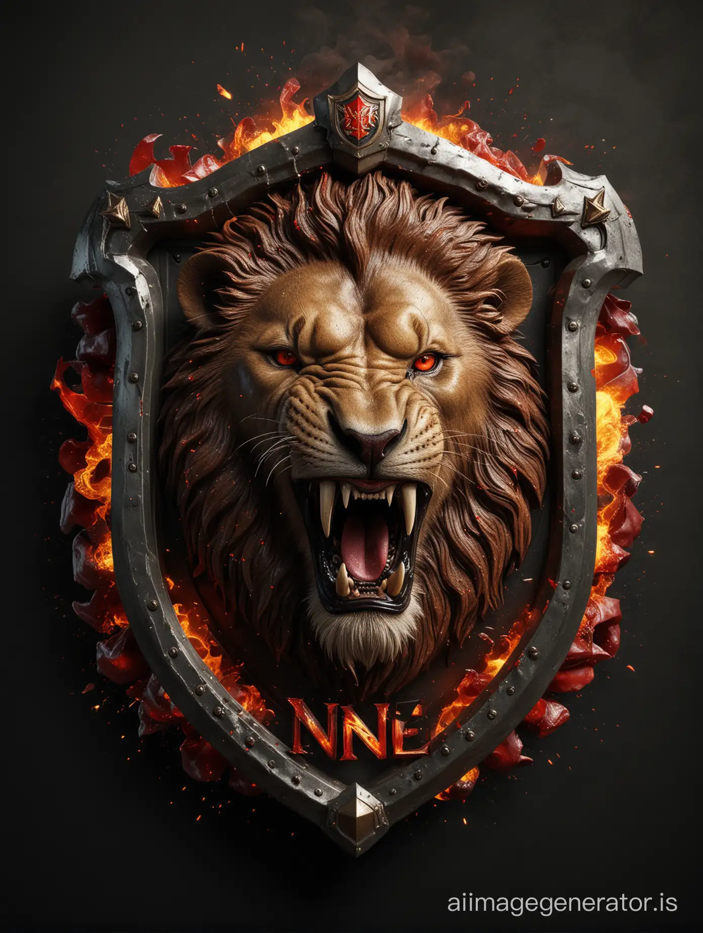 Luxurious 3d metal logo with a realistic photograph of a ferocious, hungry lion opening its mouth, with a murderous stare above a shield with a red ribbon and glass reading "NDIAYE" on a black background, with a shield logo fragment effect and a large explosion of fire.