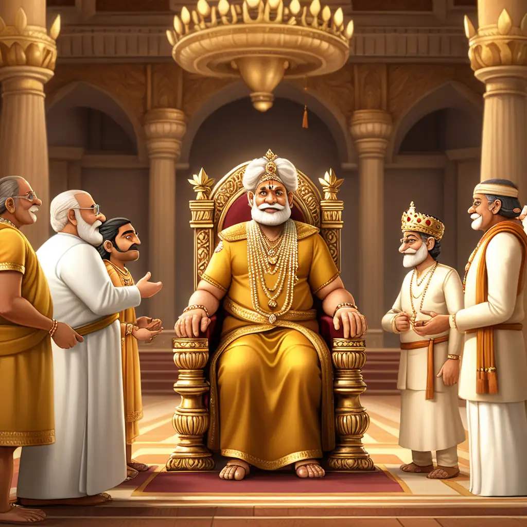 Create a 3D illustrator of an animated scene of an Indian mid aged king in his assembly while the king is sitting on the throne. The king is wearing golden clothes with some jwellery. The king is talking to other ministers in the assembly hall. Beautiful and spirited background illustrations.