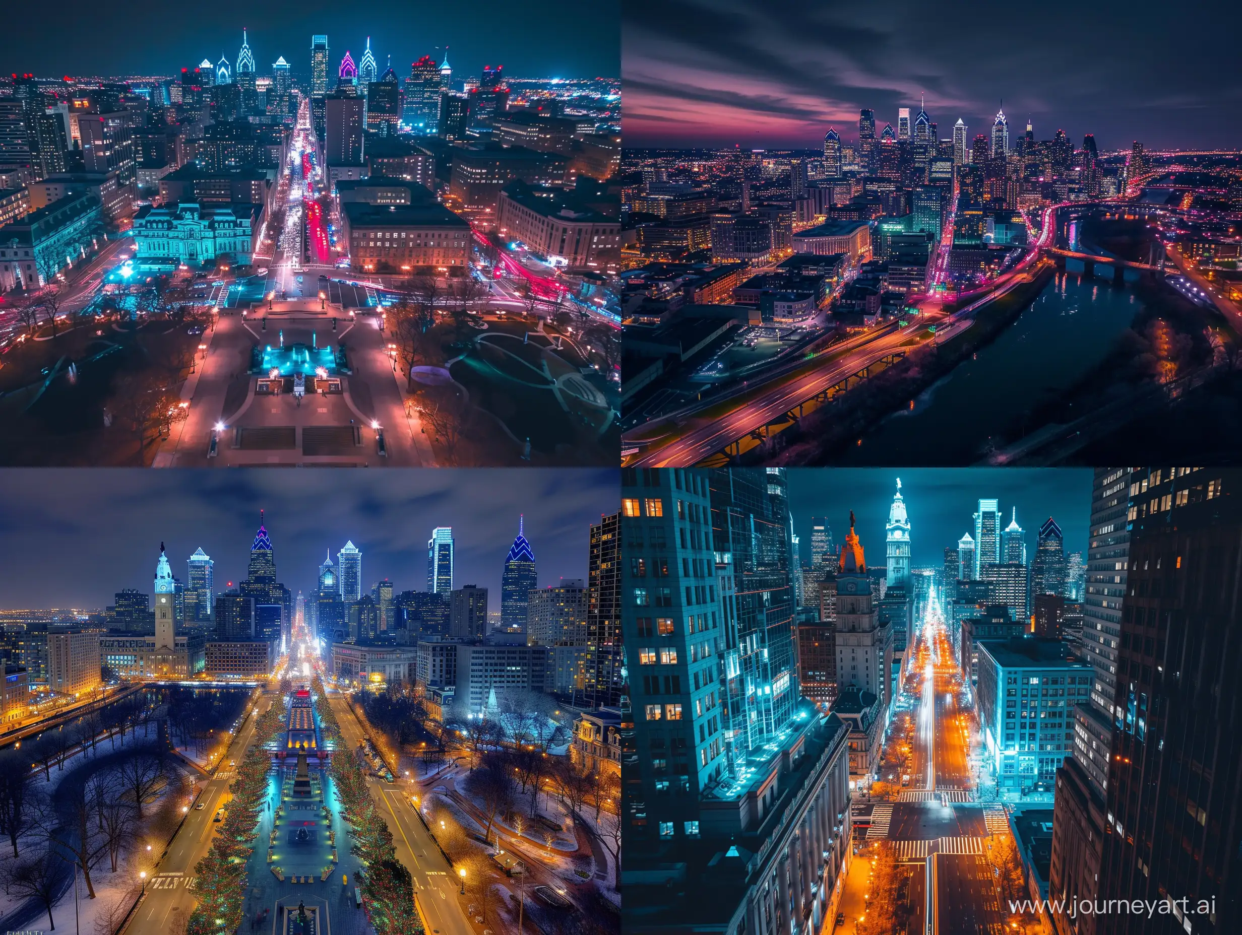 Philadelphia city , detailed. city scenes, night time, "Environment, raw photograph, full view, vivid, drone view, landscape,
