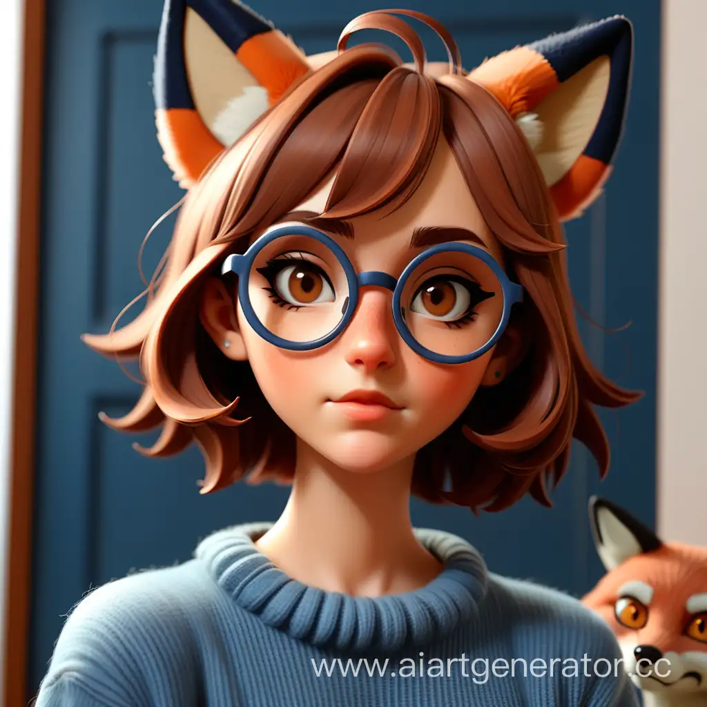 The girl in round glasses with short brown hair and brown eyes, in a blue sweater with fox ears