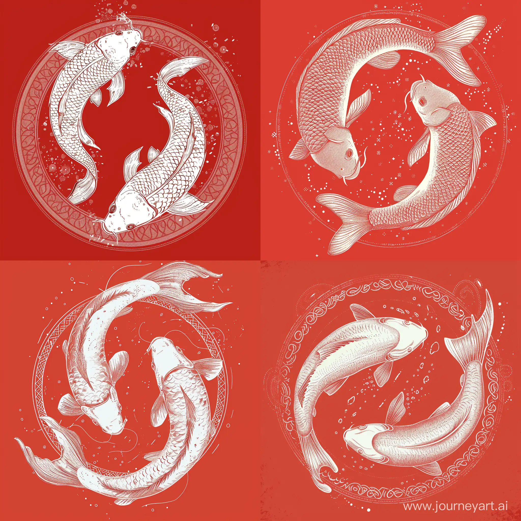 Persian-Patterned-Line-Art-Fish-Swimming-in-Opposite-Directions-on-Red-Background