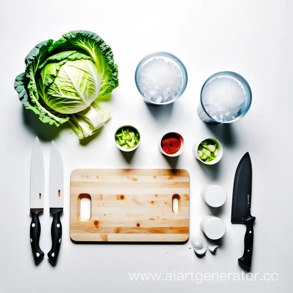 Cabbage-Preparation-with-Kitchen-Utensils-on-White-Background