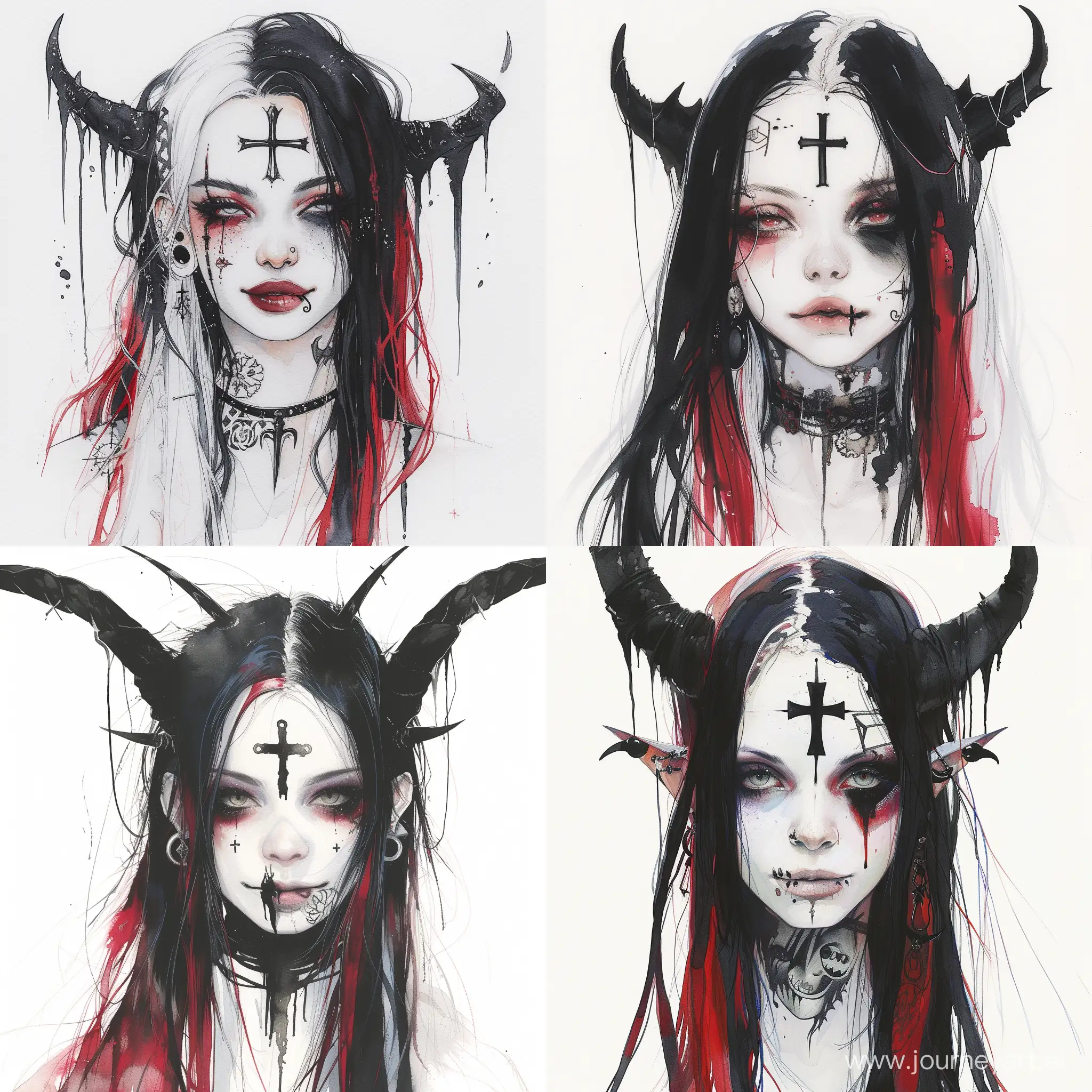 A face portrait of an anime woman with white pale skin, eyeshadow, very long black and red hair, a face tattoo of a cross, ear piercings and black demon horns, anime, watercolor