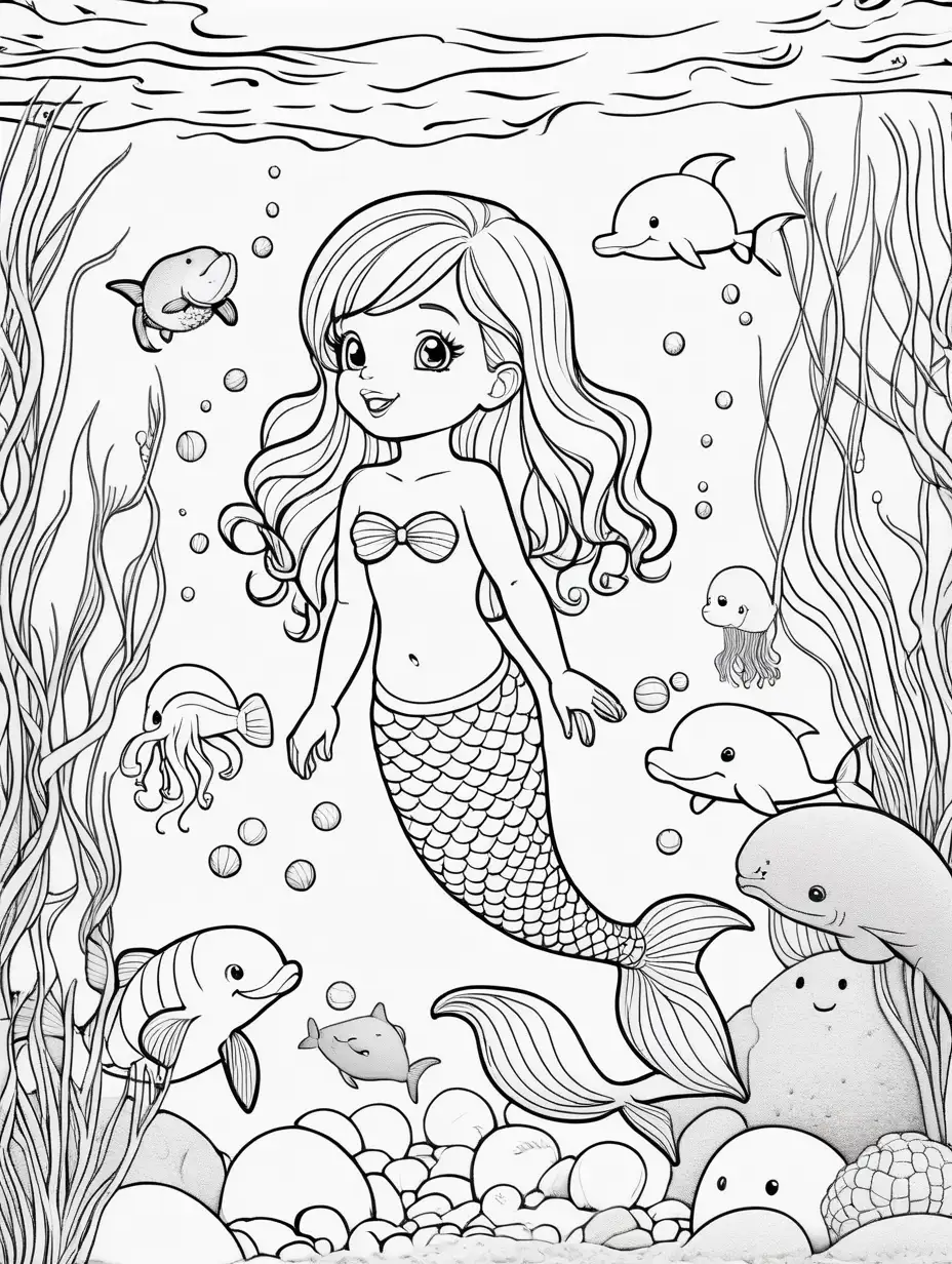 Adorable Cartoon Mermaid Coloring Page with Dolphins and Sea Creatures