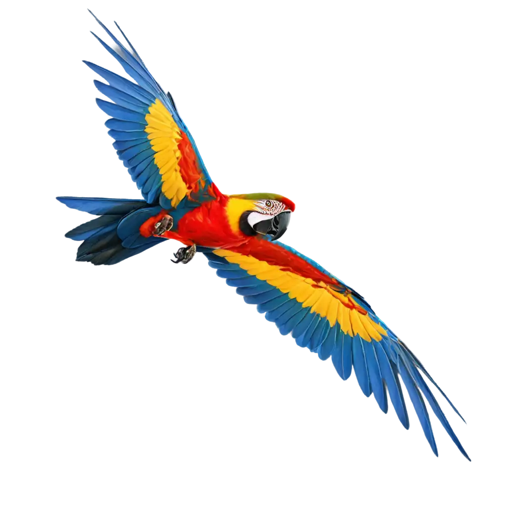 A colorful macaw soaring through the bright blue sky.