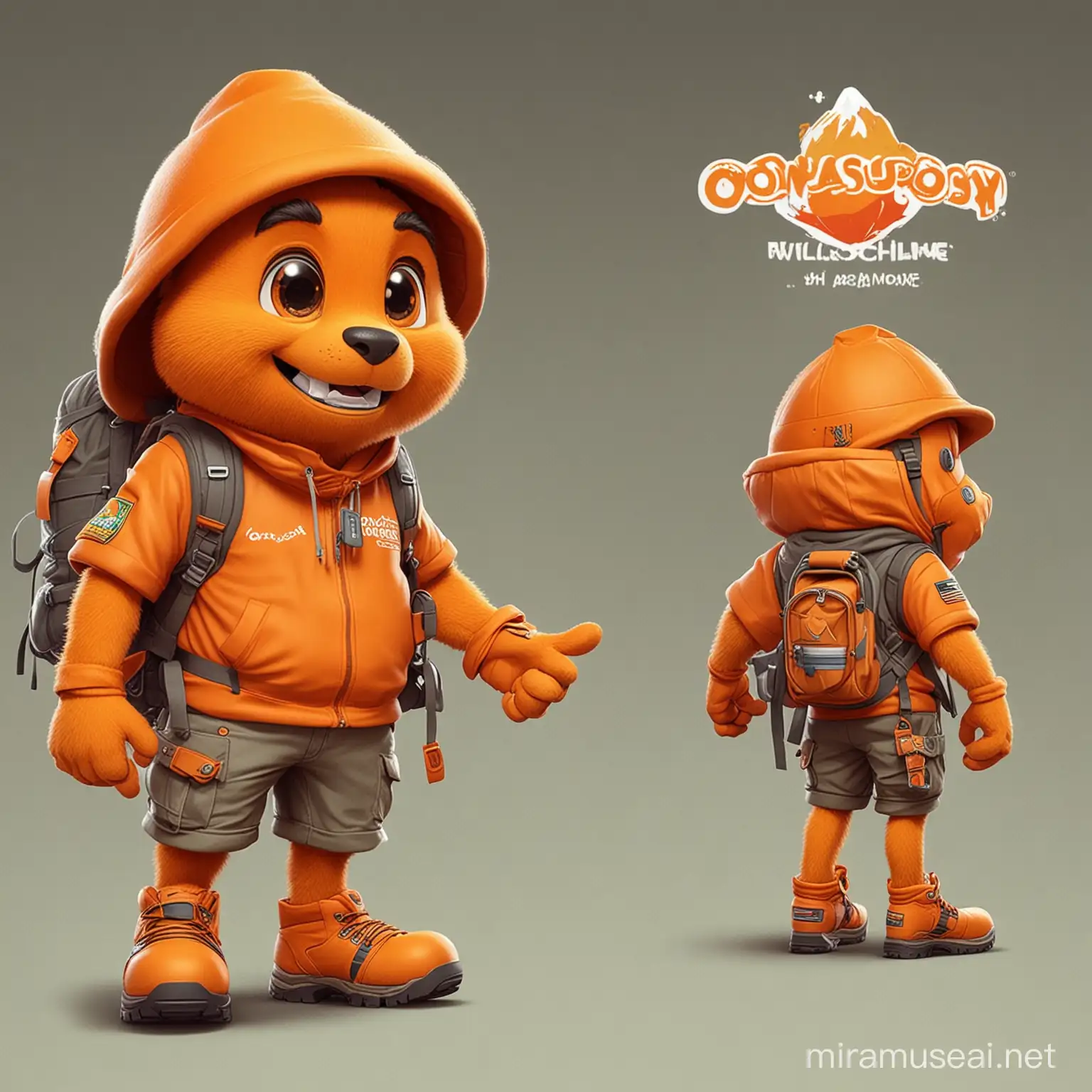 create a fun and cartoonish mascot design. concept is: A Hiking Orange mascot. The title of the design will be 'Orange Odyssey' and 'Panamon Apparel'. Theme: The theme of my brand is "adventure and exploration" Style: The graphic should be cartoonish and fun, 