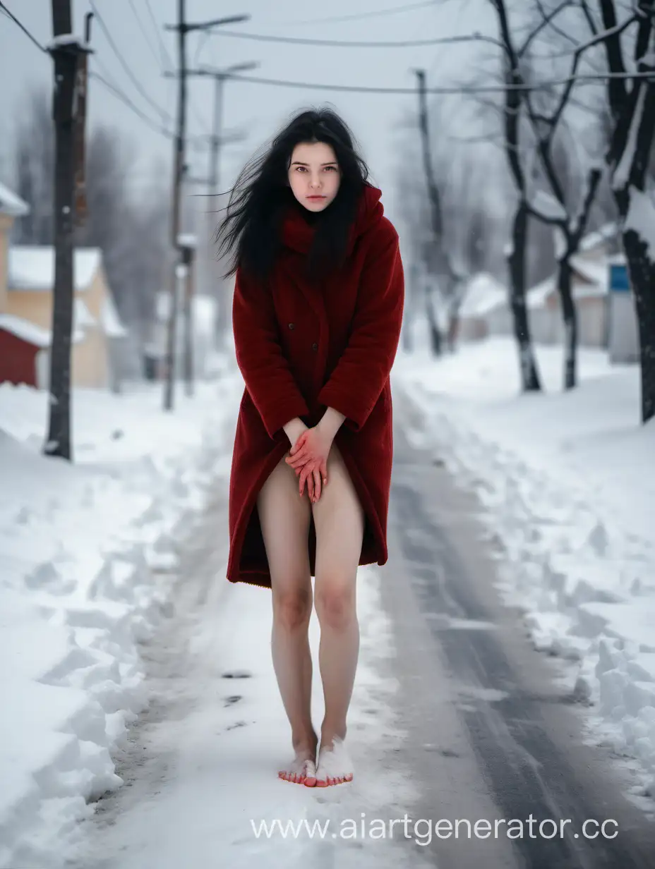 年轻的黑发俄罗斯女孩赤脚在极度寒冷的冬季街道上，路边积雪很深，双脚冻得通红