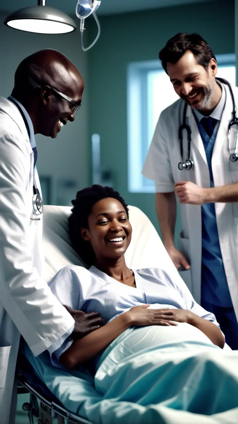 Mujer dando a luz en un hospital, sonriendo, con doctores al lado,imagen ultra realista, iluminación cinemática,alta definición,8k