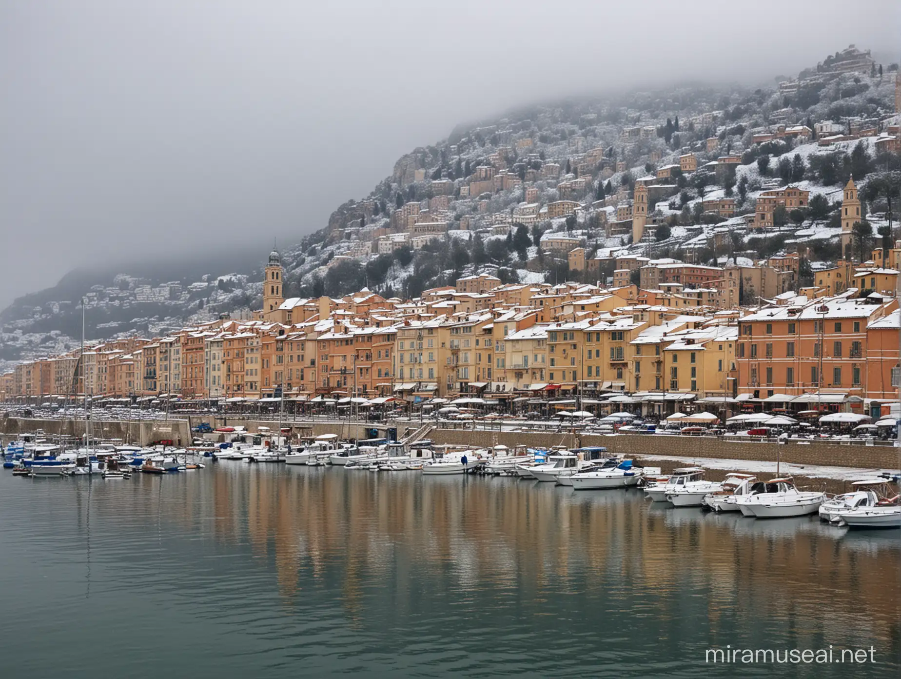 le vieux port de Menton dans le sud de la france sous la neige