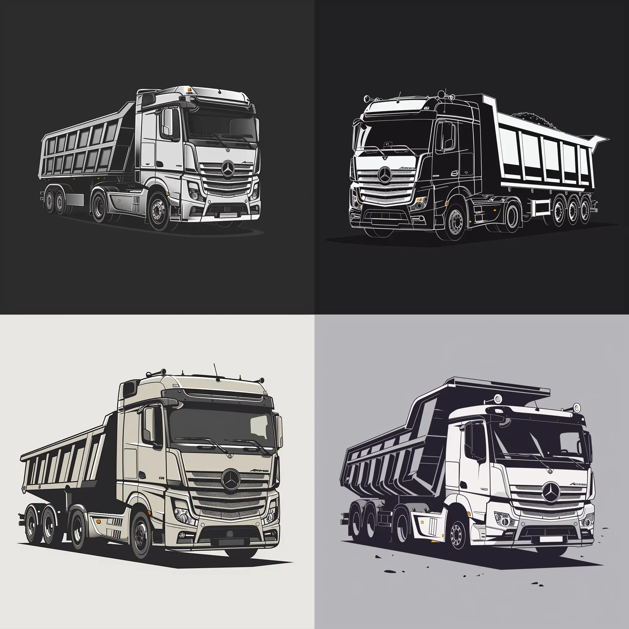 Vector Logo, large Mercedes truck with dump semi-trailer, driving forward, side view, minimalism, vector style