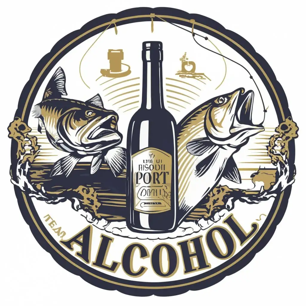 logo, A bottle of port wine, zander, fishing, with the text "Team ALCOHOL", typography