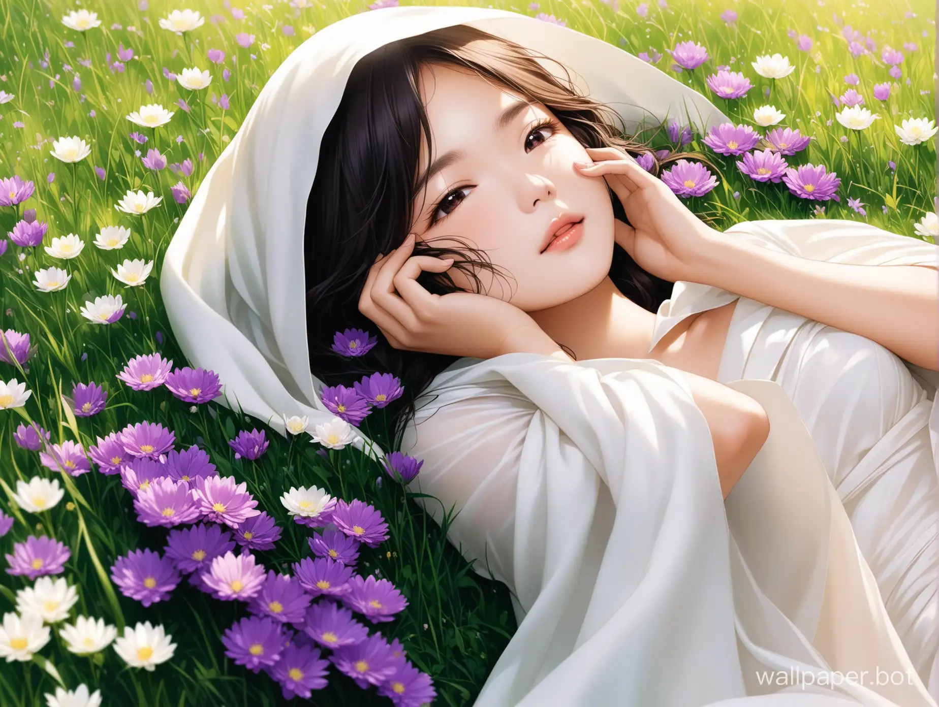 song hye kyo at 20 years old, laying side draped with a white cloak partially exposing her body on grass with some saturated purple flowers partially covering the girl's face with flowers