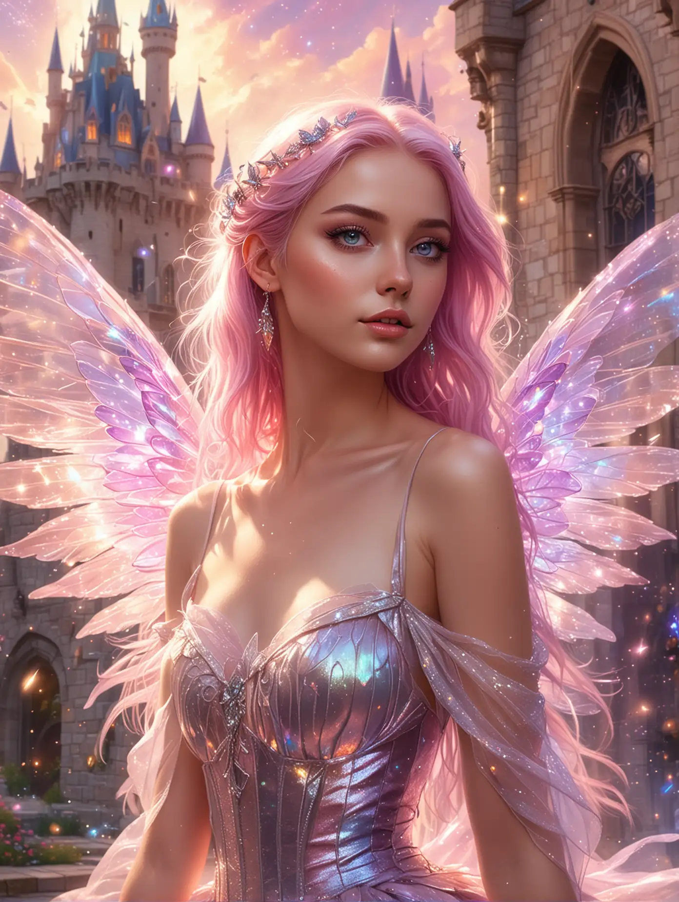 Illustration of a beautiful woman fairy, she has purple eyes, pink hair, shimmering make up, iridescent dress, cinched waist, with big iridescent gossamer wings, there's a fairytale castle in the background, rainbow, sparks and magic all around, up close portrait