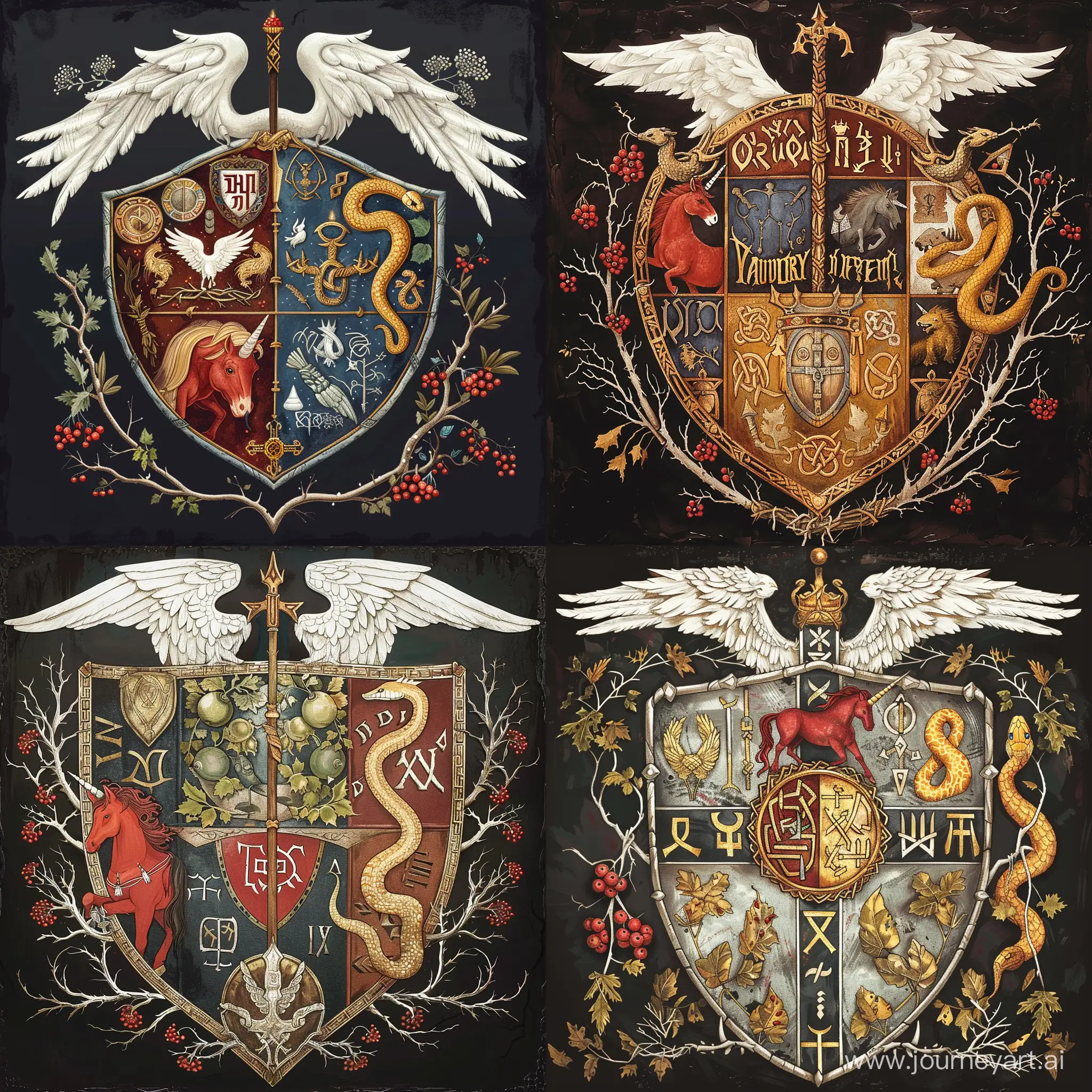 Coat of arms on the shield, Celtic heraldry, runes, a golden snake on the right, a druid staff in the middle of the shield, a red unicorn on the left, elderberry branches with berries at the top, thorn branches on the sides of the shield, white wings above the shield