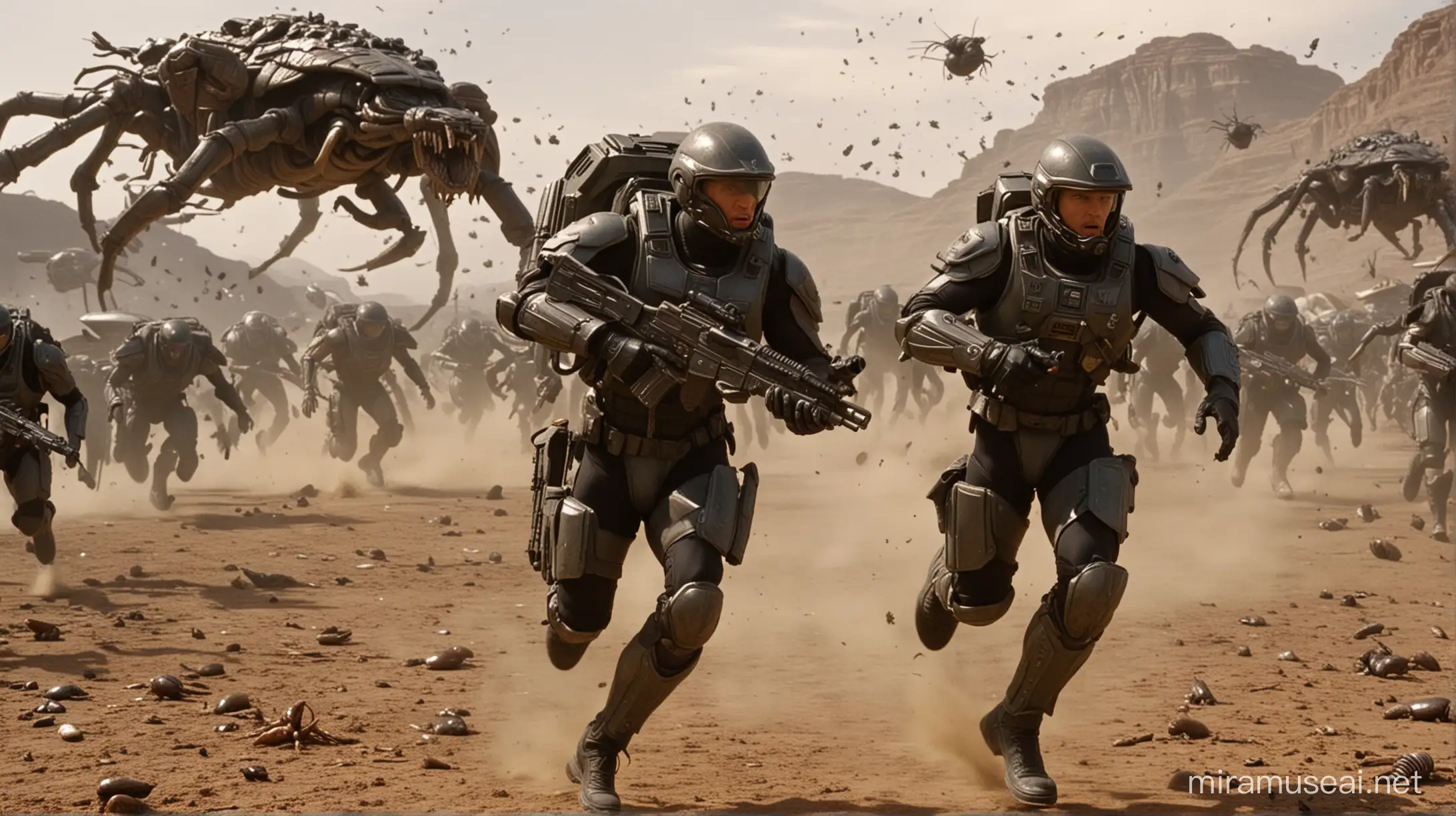 Starship Troopers Soldier Running from Alien Bugs