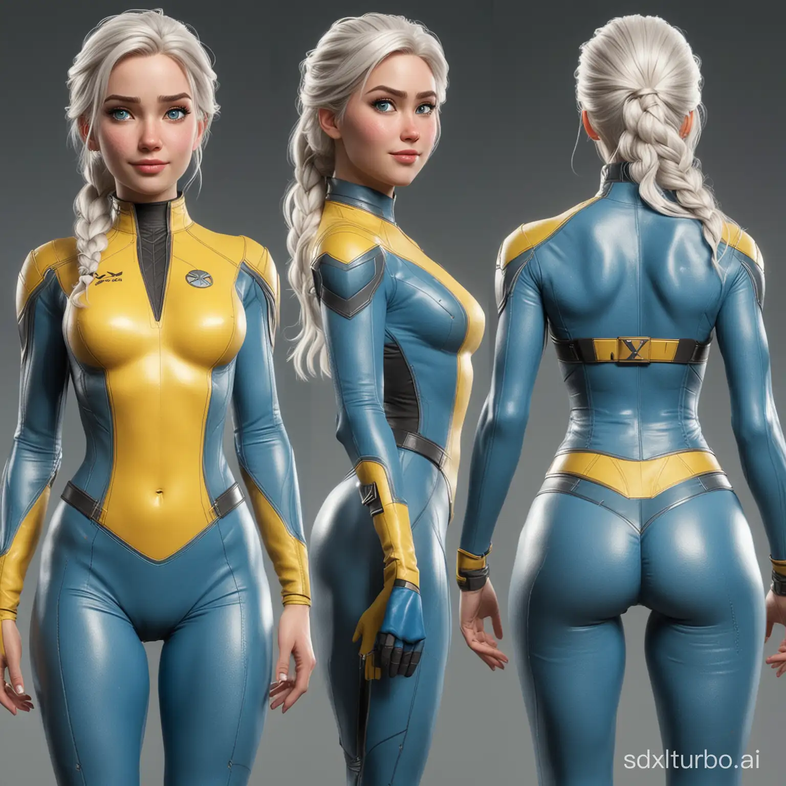 realistic Elsa (full body) front and back, with thick fit body, X-Men tight uniform, small shoulders, big ass, freckleless with Fallout blue and yellow suit, sexy lips and white hair big breasts 