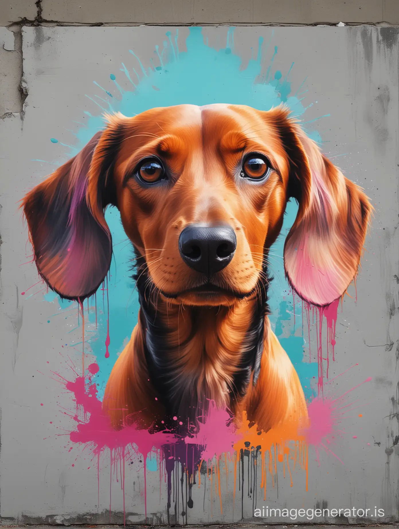 A captivating abstract and conceptual artwork of a vibrant dachshund, with colors blending from front to back. The dog's face is a dynamic and layered representation of colors, starting with an intense orange and cyan blend at the front. The colors transition to a cool gray and finally warm up to become a mix of orange and pink at the back. The painting incorporates graffiti-inspired brushstrokes, creating an energetic and lively atmosphere. The overall ambiance of the painting is conceptual art, with a touch of urban street art.