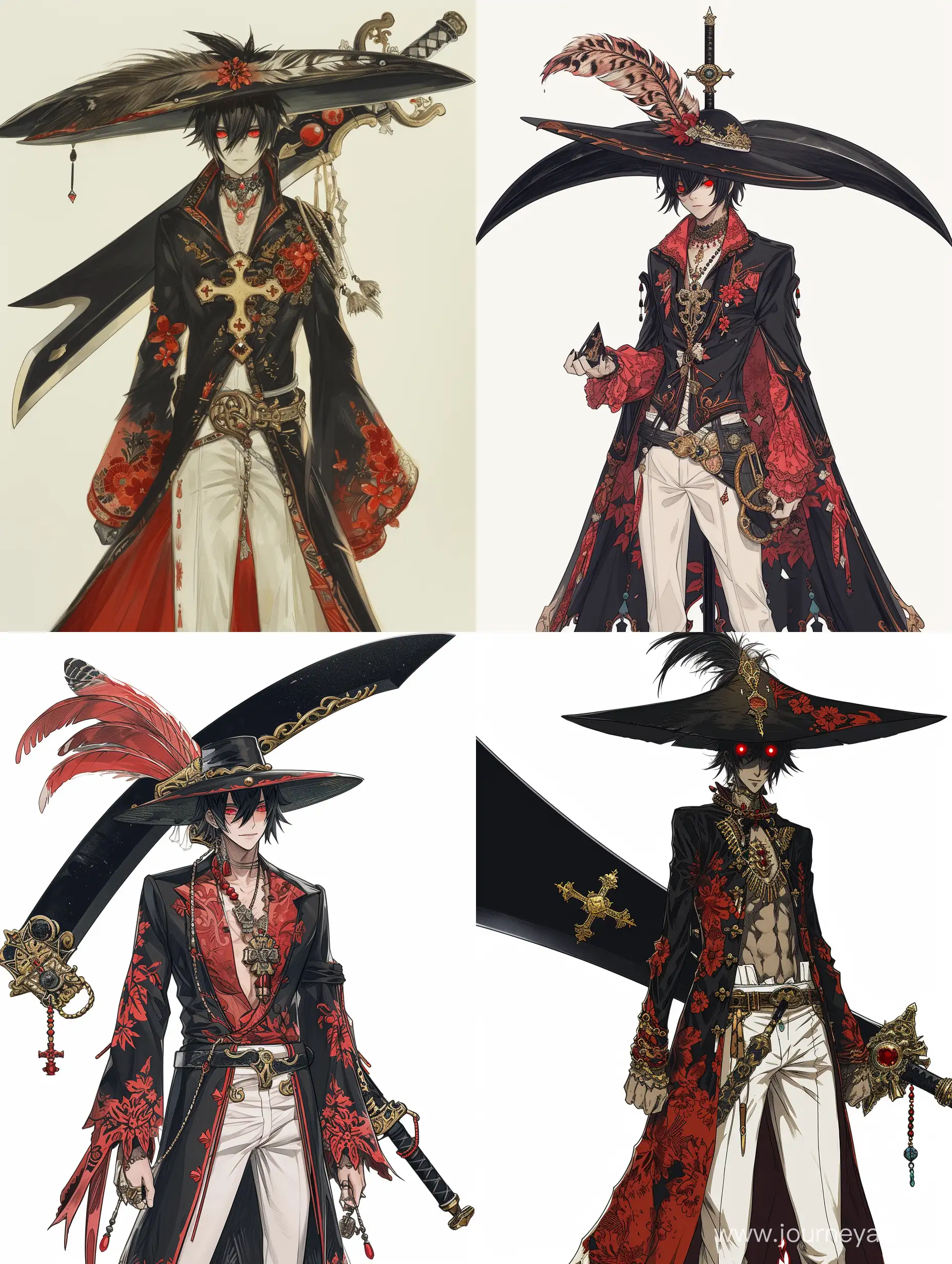 a tall, thin man with black hair, a short beard, mustache and sideburns pointed upwards. He has unusual red eyes, similar to the eyes of a falcon.[
He wears ornate clothes in red and black tones and a cross pendant. His attire consists of a wide-brimmed hat decorated with a large feather and a long open black suit with a red floral pattern on the sleeves and collar. In addition, he wears white trousers held up by a decorative belt and tucked into boots.
Behind his back there is a huge black sword with a wide curved blade. The sword itself is also shaped like a cross. The gold guard is inlaid with red beads, the handle is wrapped in bandages, and there is a particularly large stone at the end.