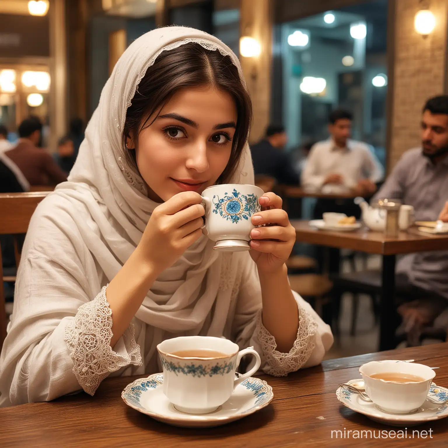 İftardan sonra çay içen bir kız, 
modern zamandan bir resim olsun, 
Kafede olsun 
