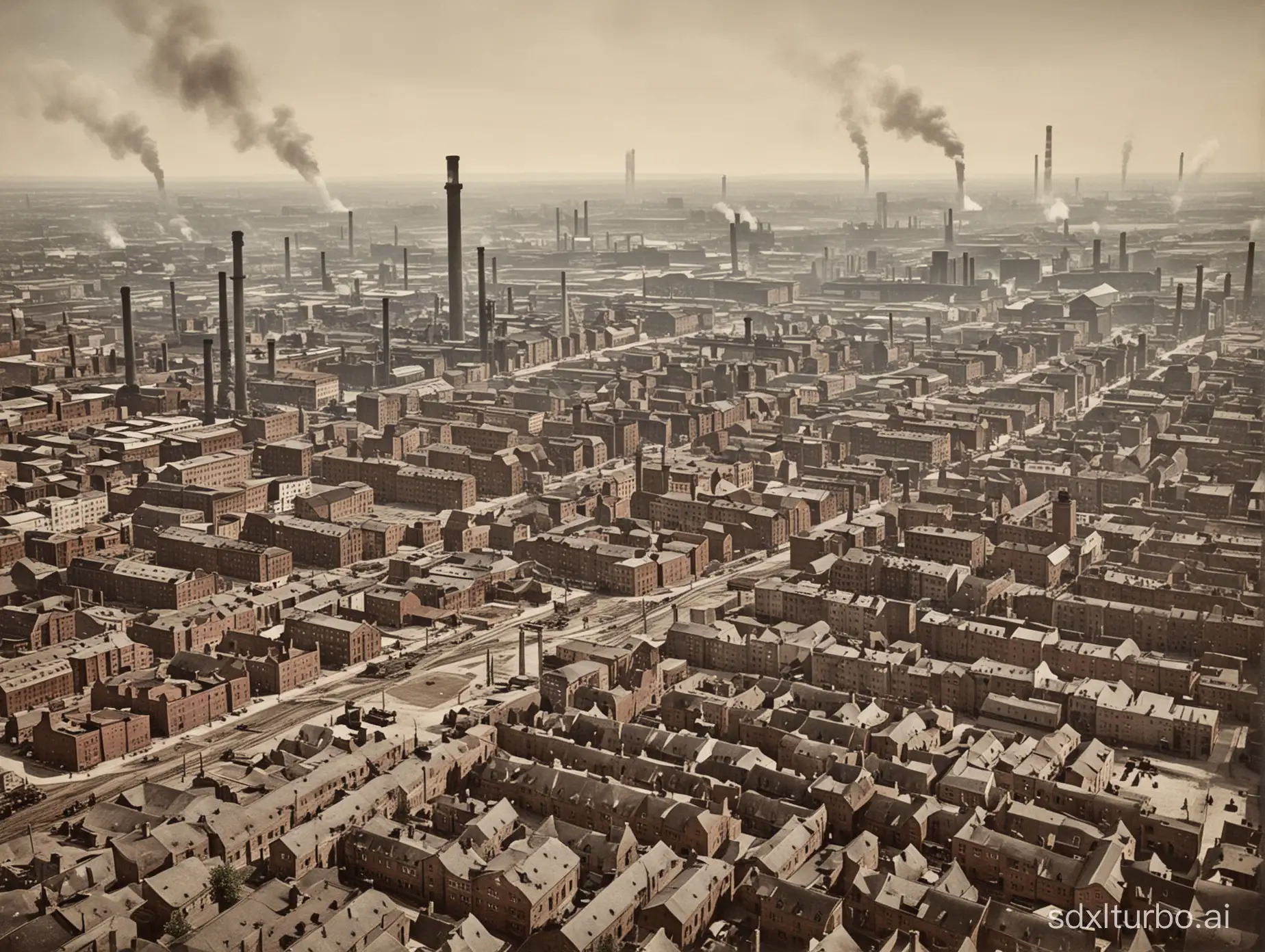 generiere ein bild von einem arbeiterviertel in einer fabrikstadt in deutschland während der industrialisierung im 19. jahrhundert