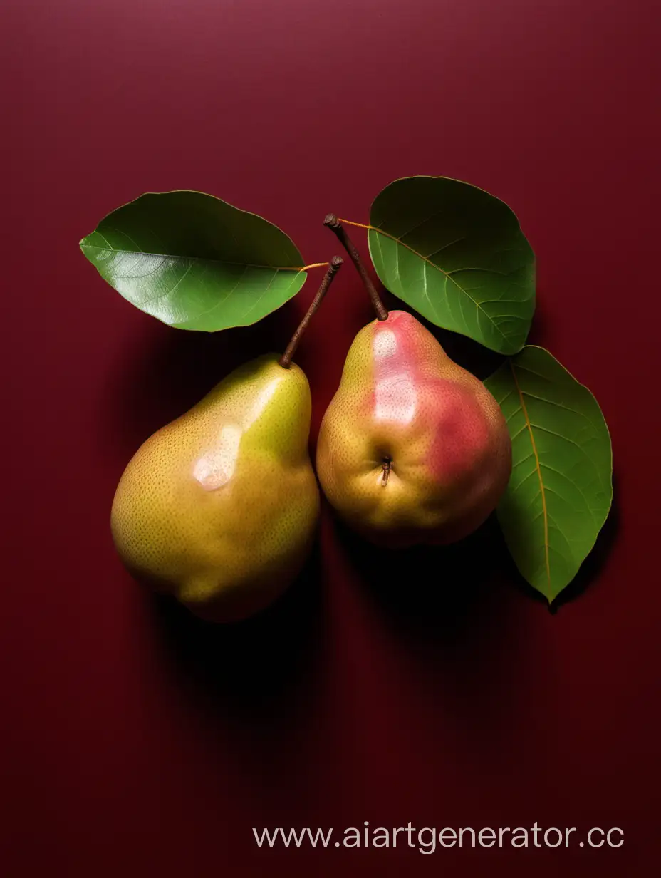 Fresh-Asian-Pear-with-Leaves-on-Dark-Red-Background