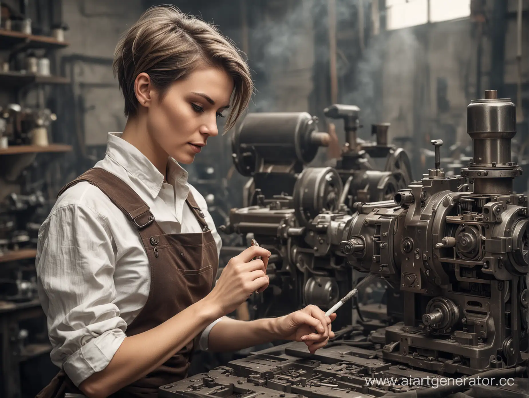 Steampunk-Factory-Worker-with-Cigarette-and-Milling-Machine