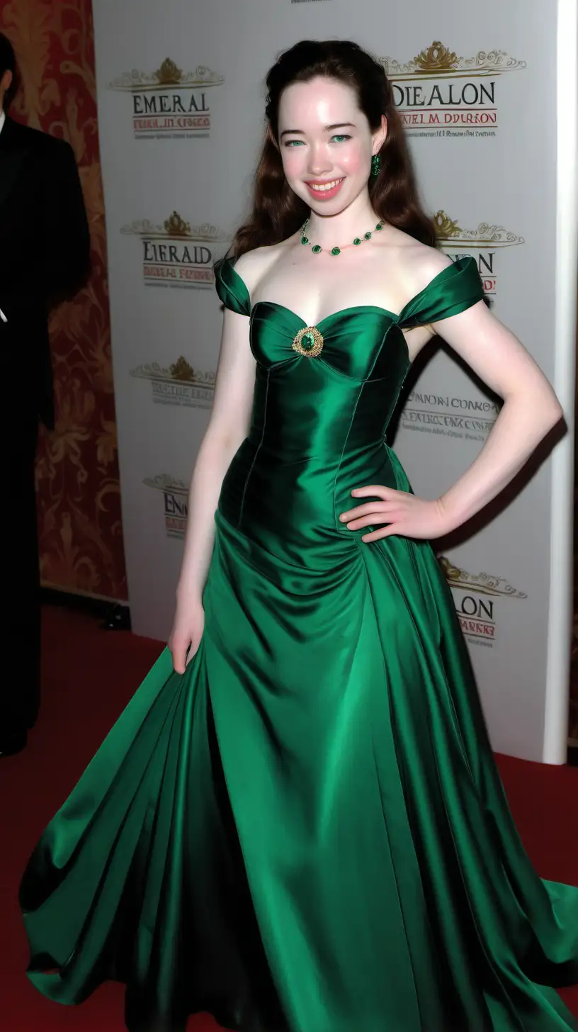 Anna Popplewell, angelic smile seductive very sexy pose, in very brightly ballroom, emerald very expensive luxury stretch silky satin princess evening dress 