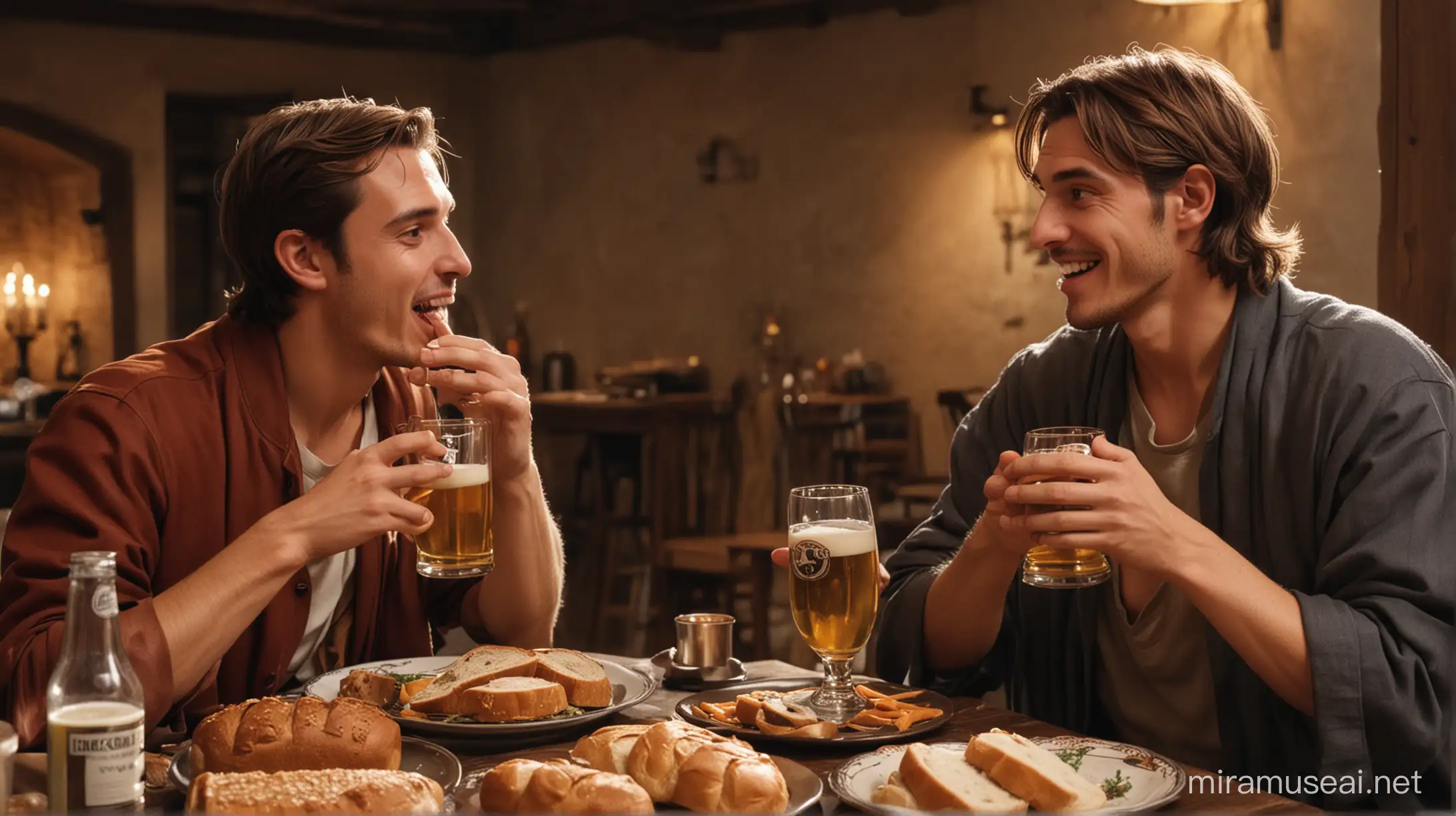 Hermes and Lugus dining, drinking beer and eating bread
 together 